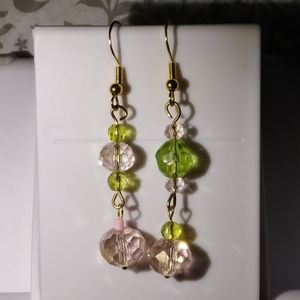 Pink Green Crystal Dangle Earrings